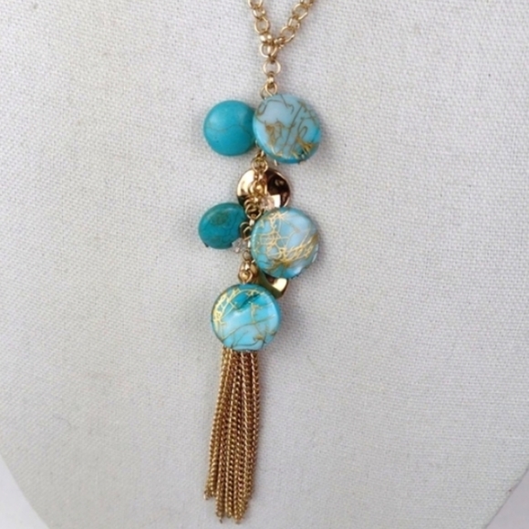 Gold & Marbled Turquoise Like Stone Fringed Beachy Vibe Lariat Bolo Necklace - Picture 12 of 12